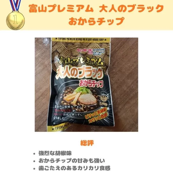 富山プレミアム 大人のブラック おからチップの写真と総評